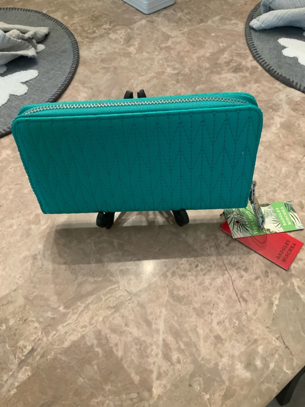 NWT Badgley Mischka Teal Quilted Zip-Around Wallet with Silver Logo - Picture 7 of 7